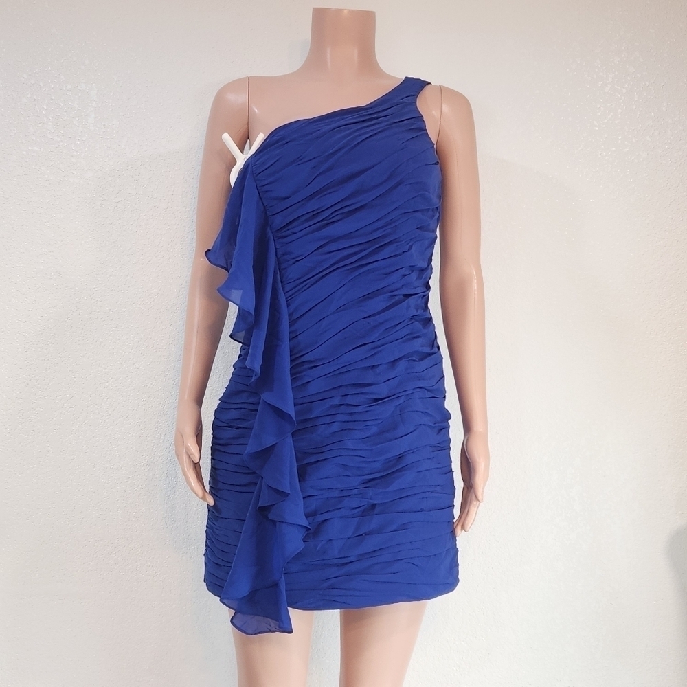 Dalia MacPhee Ruched Ruffled Chiffon Cocktail Dress Blue Size 8